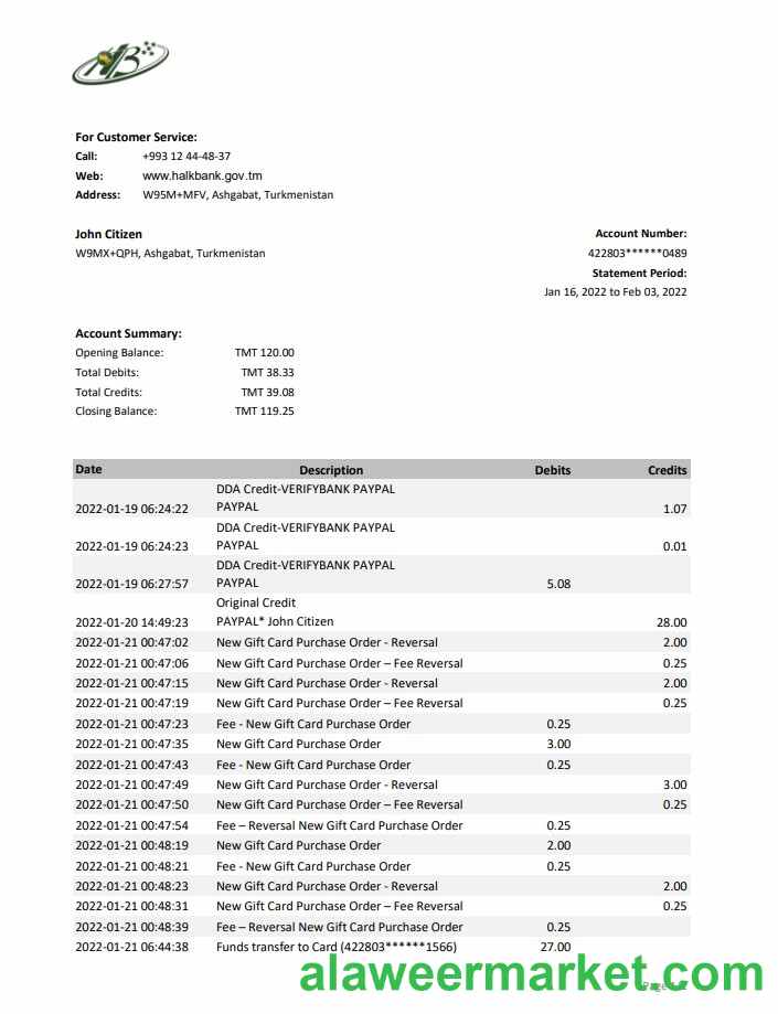 Turkmenistan HalkBank bank statement, Excel and PDF template